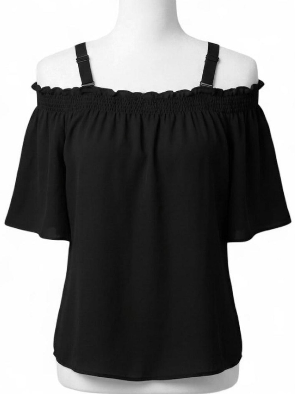 Lisa Rinna Collection Black Off-Shoulder Ruffle Top with Straps